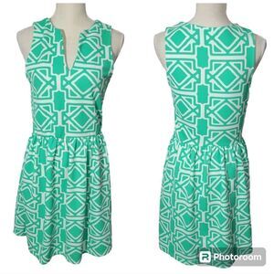 Francesca's Buttons Green & white geometric pattern fit & flare dress